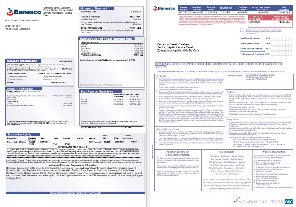 Download Venezuela Banesco bank mortgage statement in Word and PDF formats, 3 pages 1 2 Photoshop template